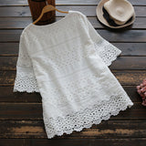Crochet Lace Hollow Out Short Sleeve Embroidery Round Neck Cotton Blouse 