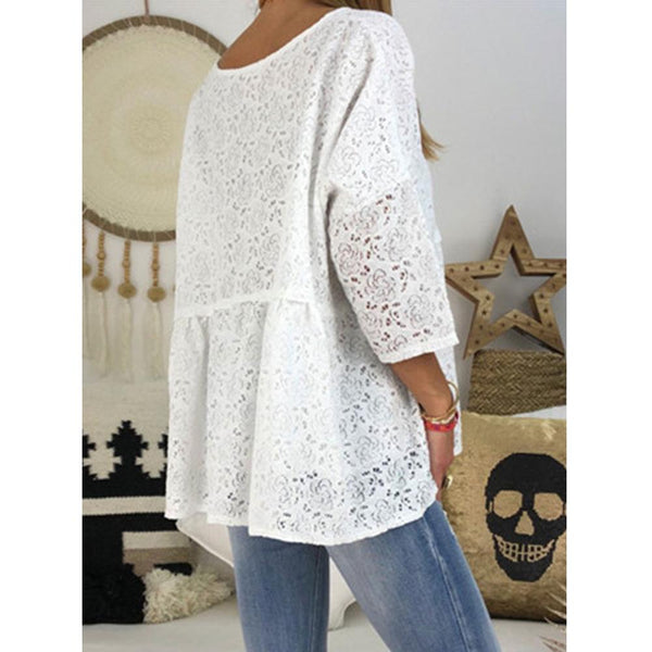 Lace Button Solid Color V Neck Casual Blouse