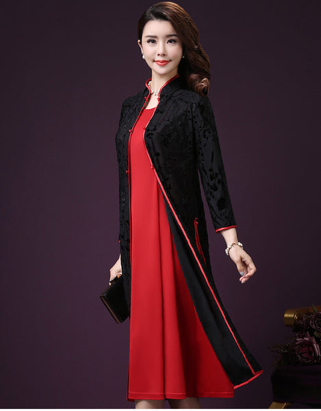 Women Oversized Long Sleeve Printed  Fashion Midi Dress