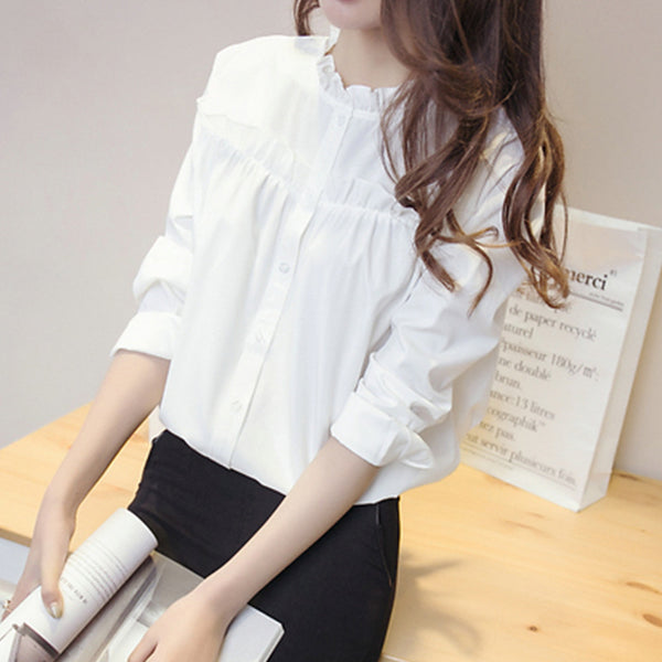 Women Ruffled Collar Long Sleeve Plain Blouse