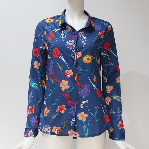 Long Sleeve Floral Casual Turn Down Collar Ladies Blouses