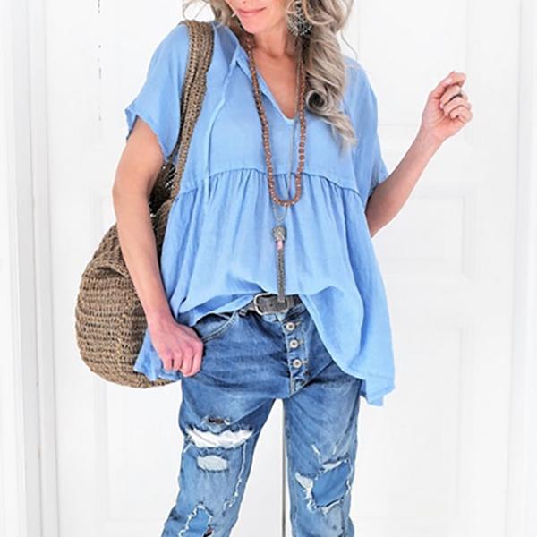 Loose Solid Color V Neck Blouse