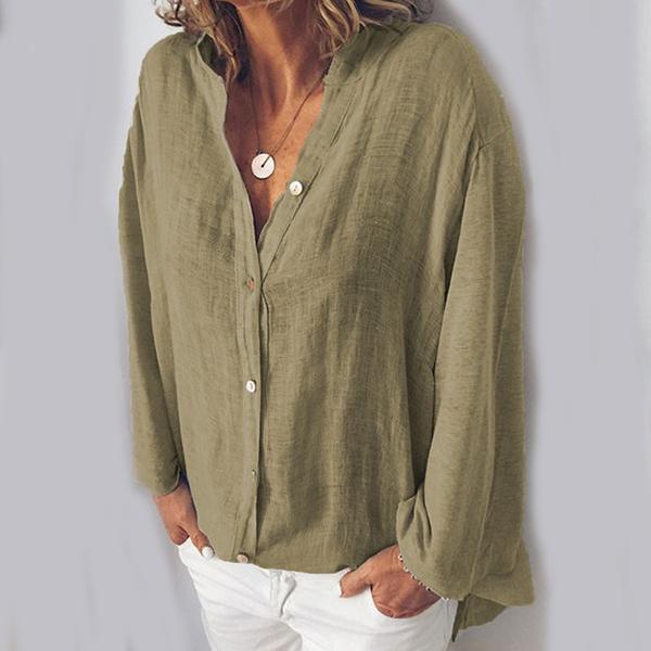 Cotton and  Linen V-neck Solid Color Loose Casual Blouses