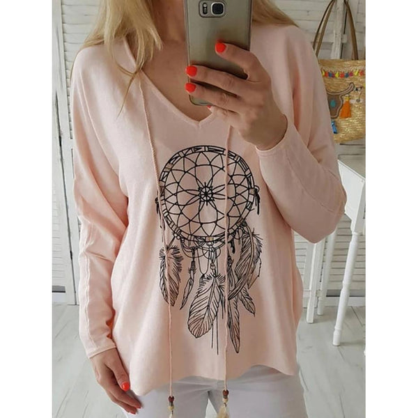 V-Neck Long Sleeve Mid-Length Casual Straight T-Shirt