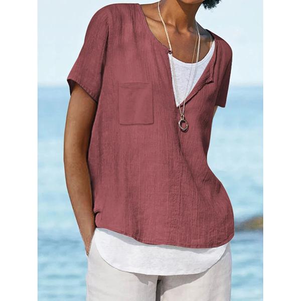 Solid Color Short Sleeve Pocket Casual Tops