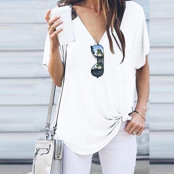 Casual Women V Neck Cotton Short Sleeve Summer Blouse