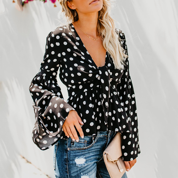 Sexy V Neck Polka Dot Lace-Up Blouse