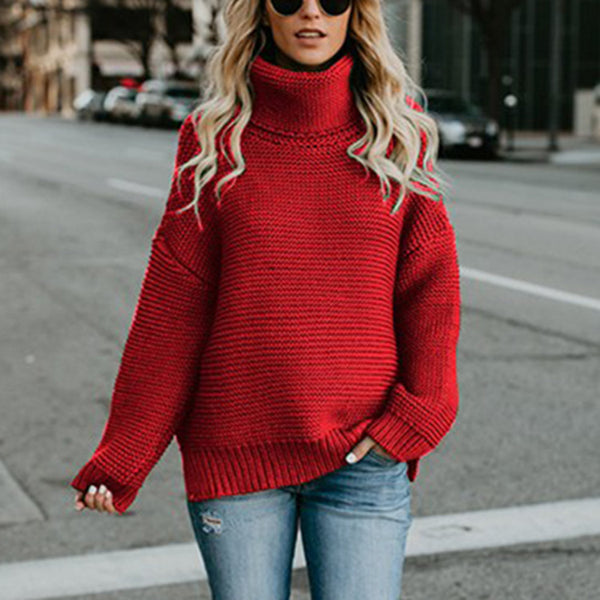 Women Casual Turtle Neck Solid Knitted Sweater