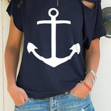 Casual X-strap Cold Shoulder Boat Anchor Print Tops