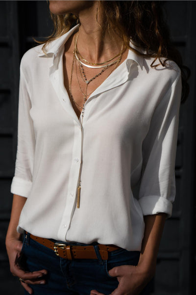 Women Summer Long Sleeves Deep V Button Chiffon Shirts