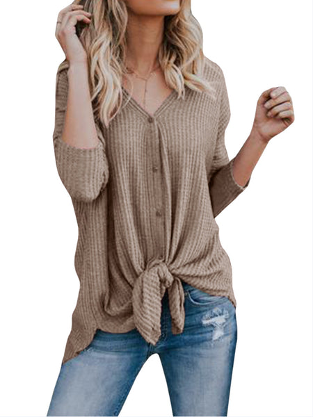 Women Long Sleeve Solid Color V-neck Knitting Shirts