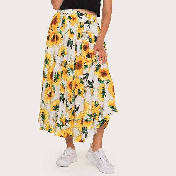 Women Bohemian Sunflower Printed High Waist Skirt