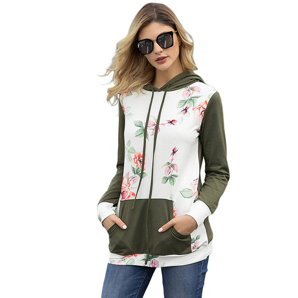 New printed hoodie pullover string long sleeve kangaroo pocket women's sweater