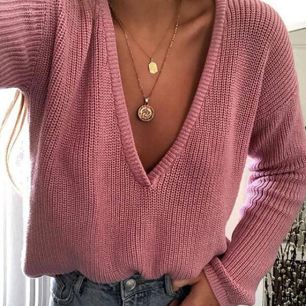 Women Plus Size Casual Deep V Neck Knitted Sweater 