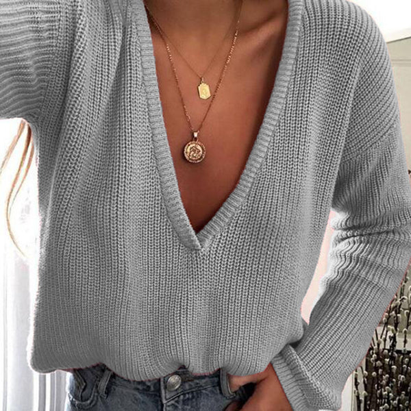 Women Plus Size Casual Deep V Neck Knitted Sweater 