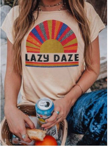 Women Summer Lazy Daze Print O-neck Short Sleeve T-shirt