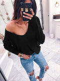 V-neck long-sleeved knit wool solid color loose  Sweaters