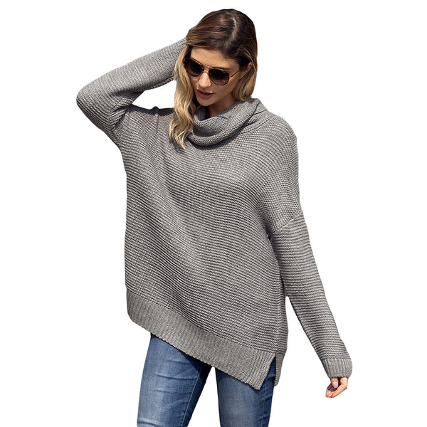 Solid High Collar Long Sleeve Pullover Knitted Sweater 
