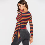 Deep V Sexy Striped Waist Band Wrap Long Sleeve Knit T-SHIRTS