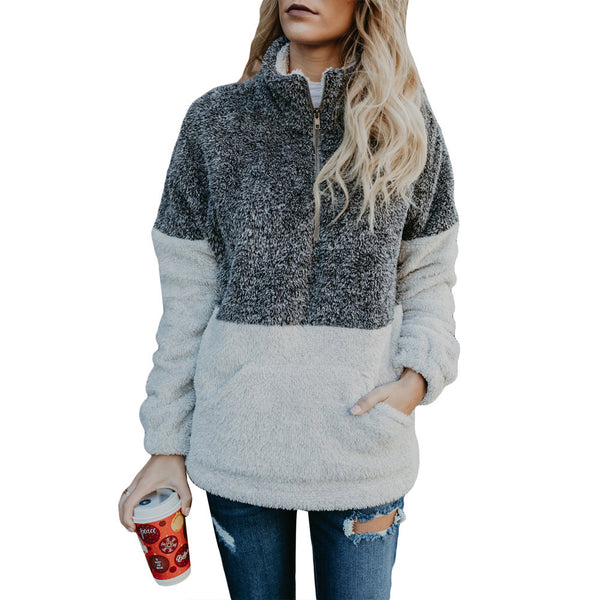 Women Long Sleeve Downy Pullover Zipper Contrast Color Sweatshirts