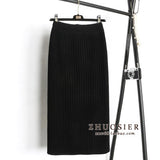 Women Elastic Band Warm Knitted Straight Skirt