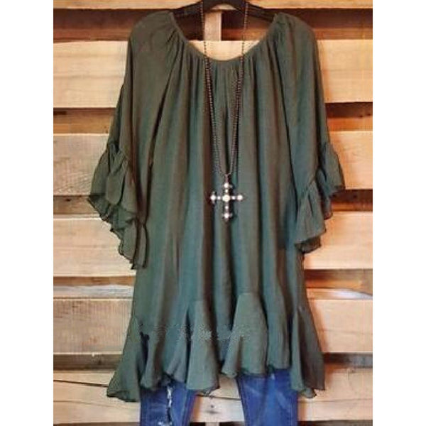 Casual Ruffled Solid frill sleeve Asymmetrical Plus Size Blouse