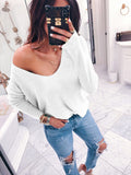V-neck long-sleeved knit wool solid color loose  Sweaters