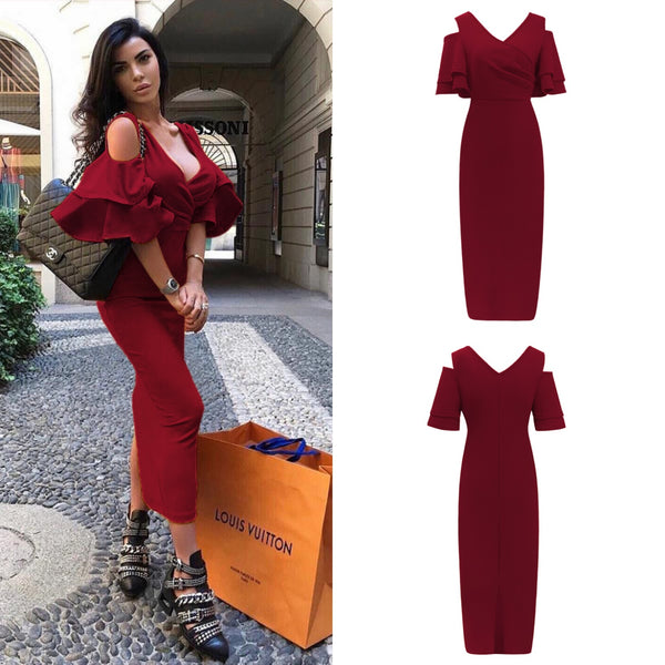 Sexy V-neck Hollow Out Butterfly Sleeve Solid Bodycon Dress