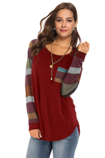Fashion Stripe Sleeve Patchwork Blouse Tops