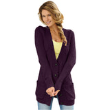 V-neck Solid Pocket Knitted Cardigan Long Sleeve Sweater