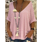 V Neck Batwing Striped Casual T-Shirts