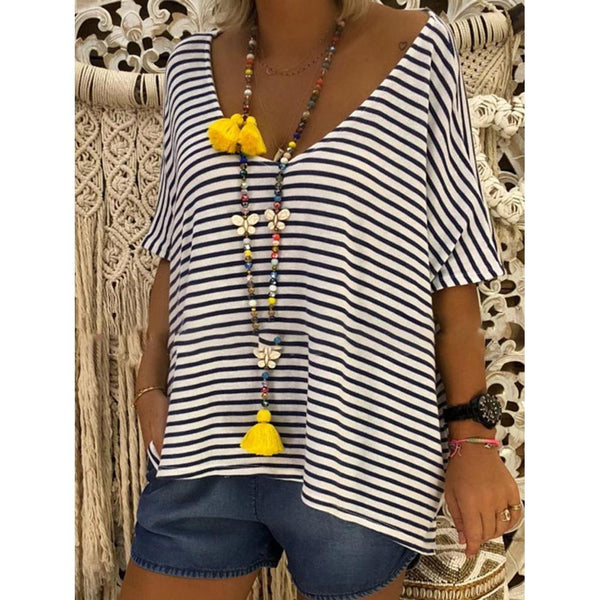 V Neck Batwing Striped Casual T-Shirts