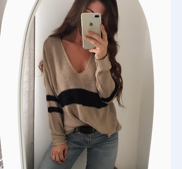 Women New V-neck Striped Casual Pullover Sweater