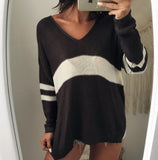 Women New V-neck Striped Casual Pullover Sweater
