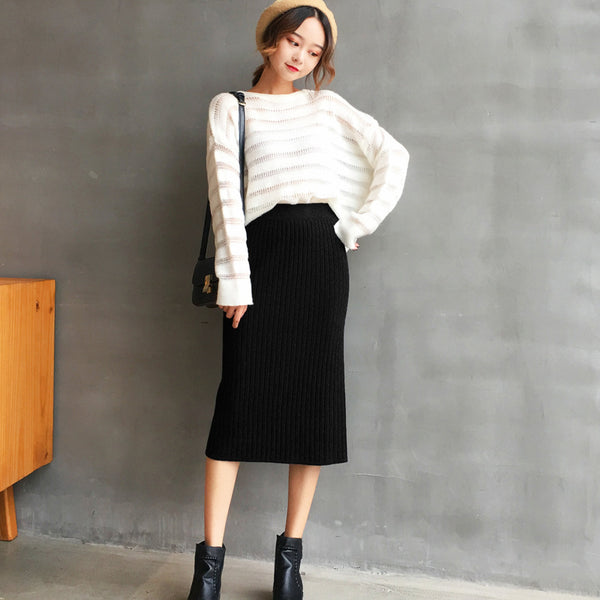 Women's thick split-knit skirt High-rise step pack hip skirt