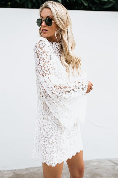 WanaDress Hollow Out Lace Bell Sleeve V Neck Dress