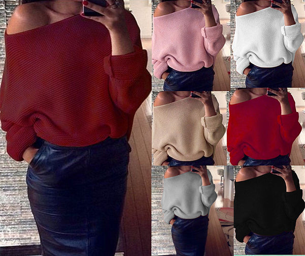 Women Sexy Word Collar Solid Pullover Plus Size Sweater