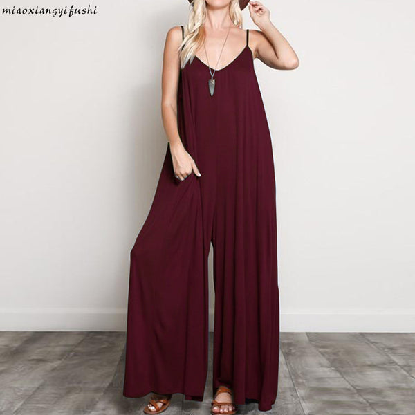Women New Solid Wide Leg Overalls V Neck Jumpsuits