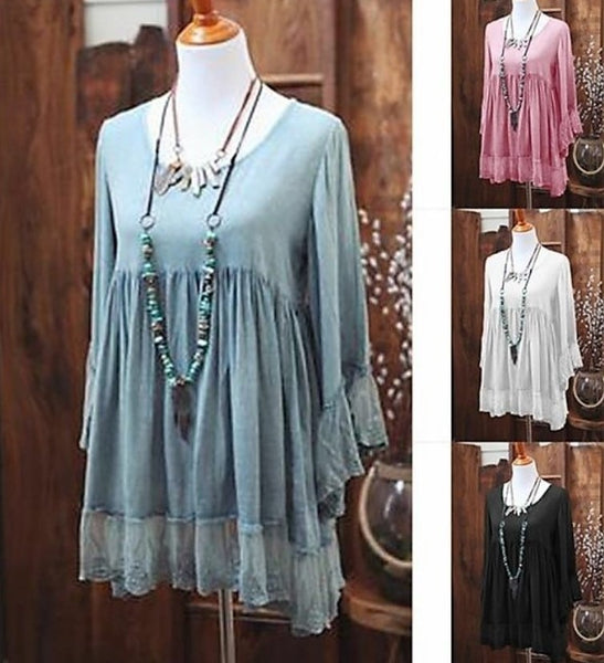 Women Lace Tunic Patchwork Long Sleeve O-neck Blouse