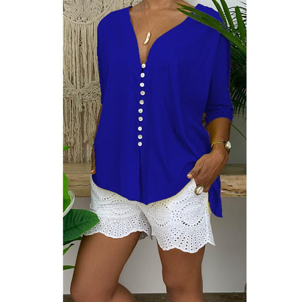 Lace V-Neck Button Solid Loose Shirt