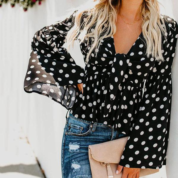 Sexy V Neck Polka Dot Lace-Up Blouse