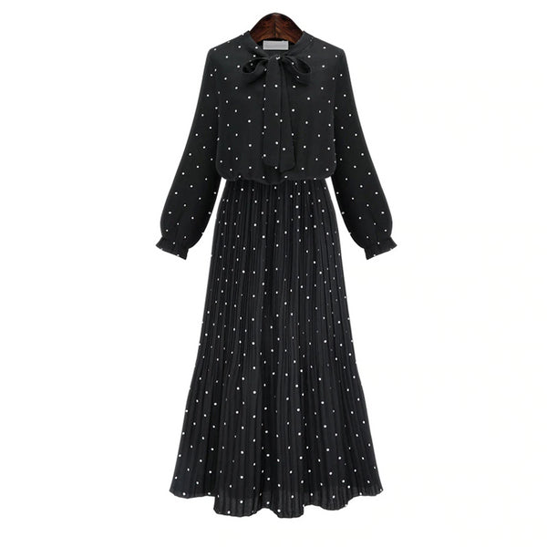 New Stylish Round Neck Long Sleeve Solid Black Chiffon Dot Maxi Dress