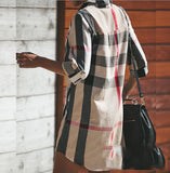 Women Long Sleeve Striped Grid Loose Long Shirt Mini Dress