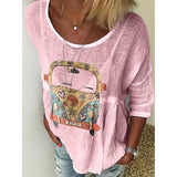 Casual Loose 3/4 Sleeve Round Neck Printed Tops