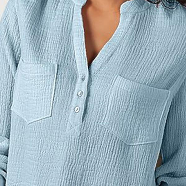 Solid Color V Neck Pocket Blouse