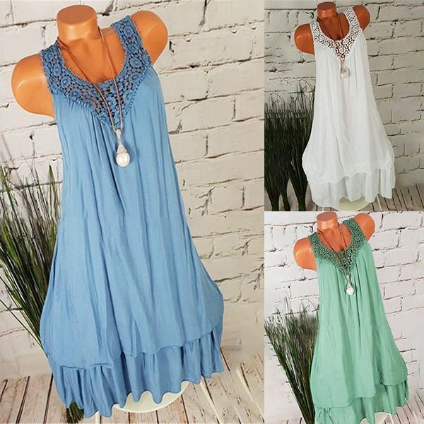 Casual Hollow-out Double-layer Solid Color Dresses