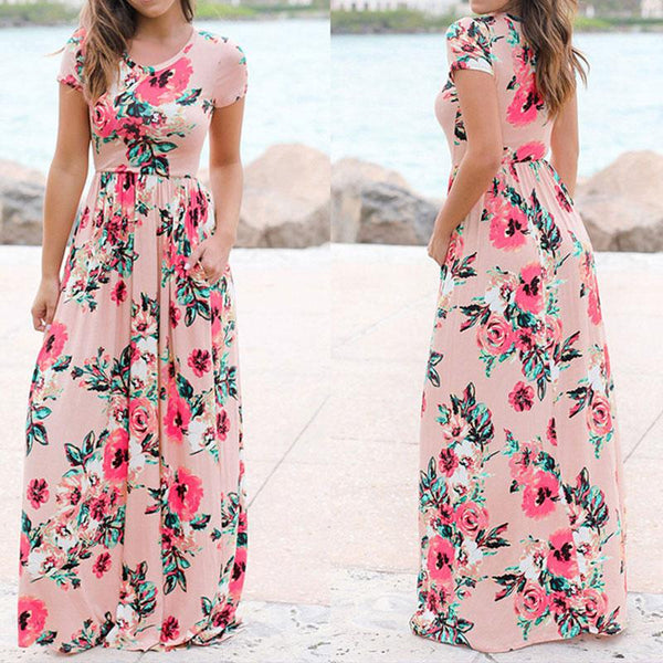 Women Long Maxi Dress Summer Floral Print Boho Beach Dress Short Sleeve Evening Party Dress