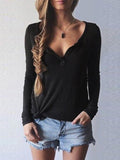 Long Sleeve V Neck Solid KnittedT-Shirt