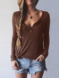 Long Sleeve V Neck Solid KnittedT-Shirt