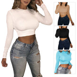 Women Sexy  Solid Color O Neck Long Sleeve Slim Bottoming Crop Top